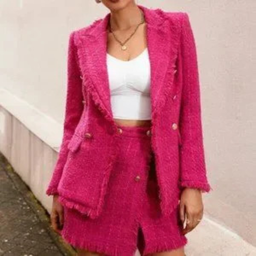 ZARA Classy Pink Tweed double breasted raw hem Blazer